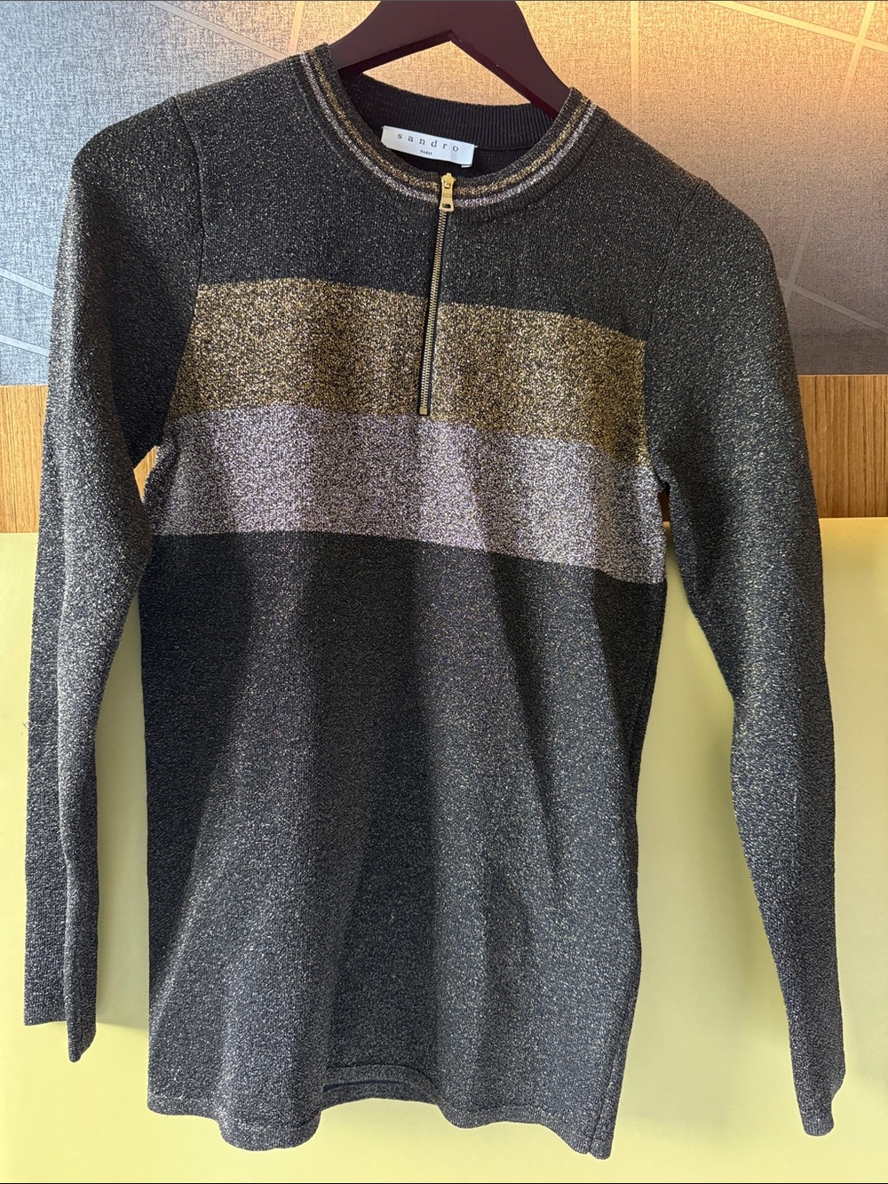 Sandro Black Knit Zip-Up with Gold and Silver Stripe